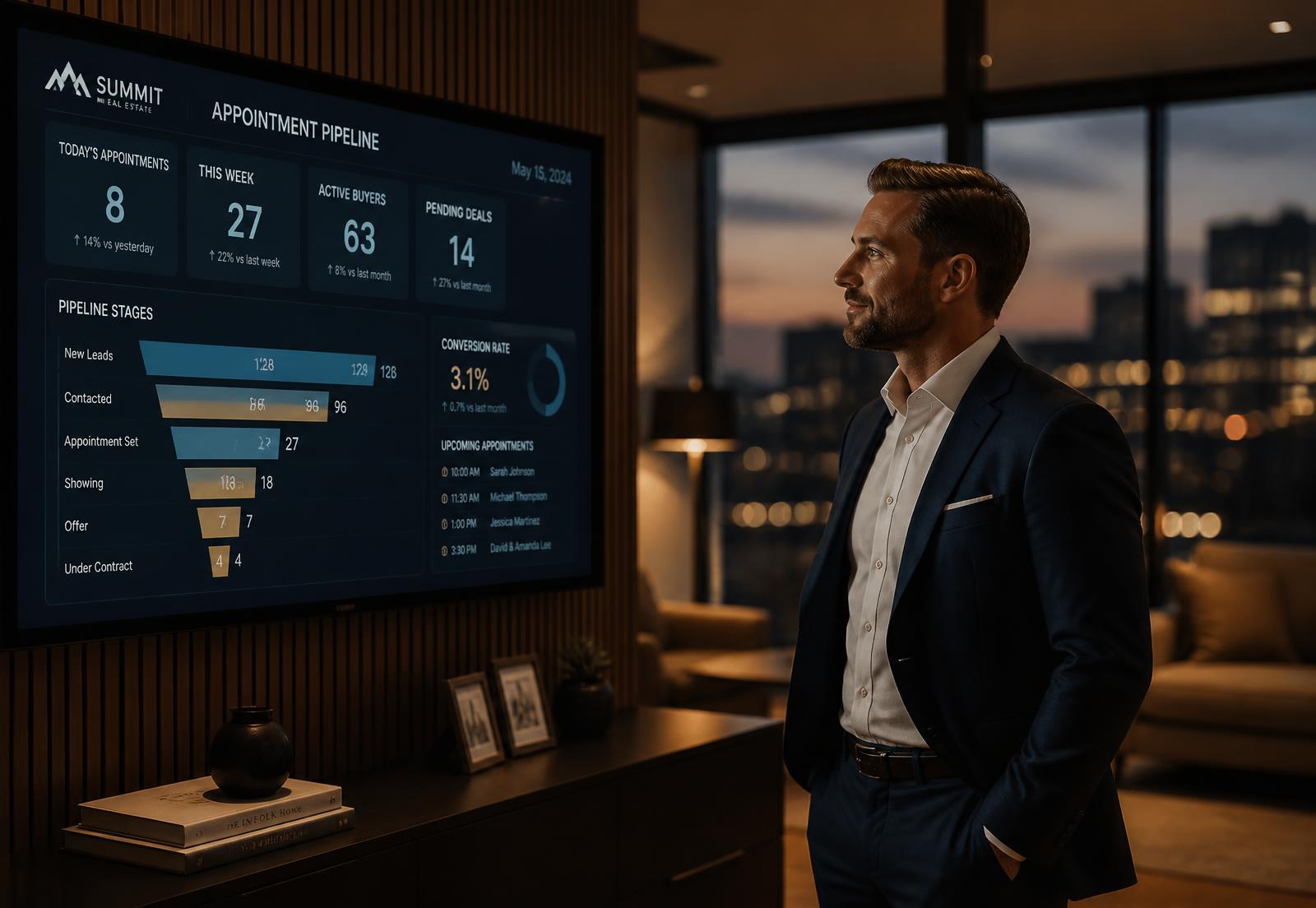 Real estate professional reviewing an appointment pipeline dashboard